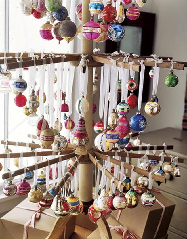 Striped Glass Ornaments Wooden Display
