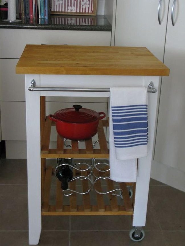 Natural Wood Top, White Frame Kitchen Cart