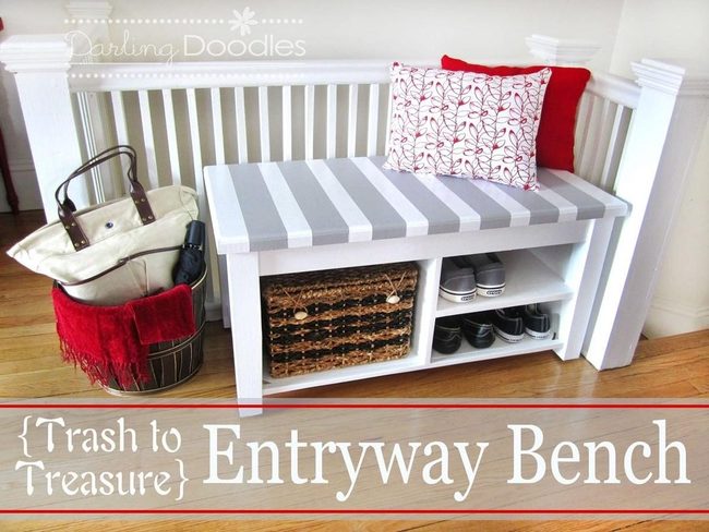 Gray Striped Storage Bench