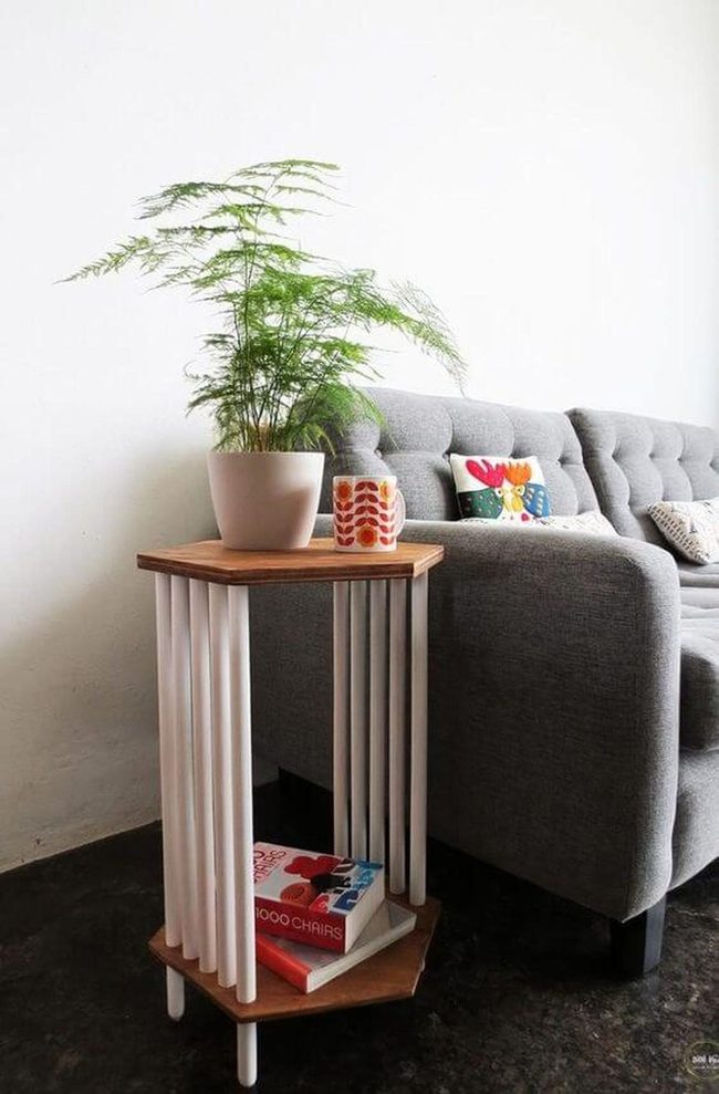 Geometric Wood Table With Fresh Plant Styling