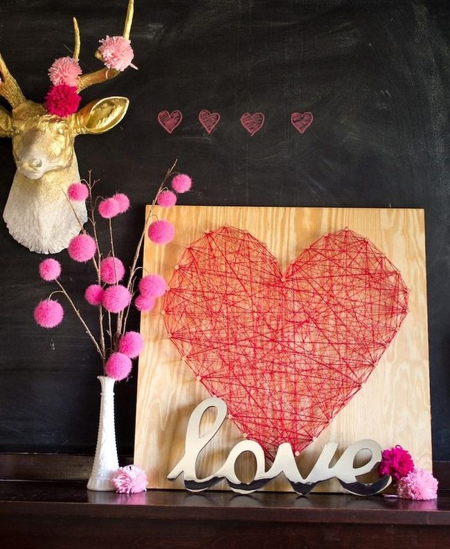 Red String Hearts And Pink Pom-Pom Branches