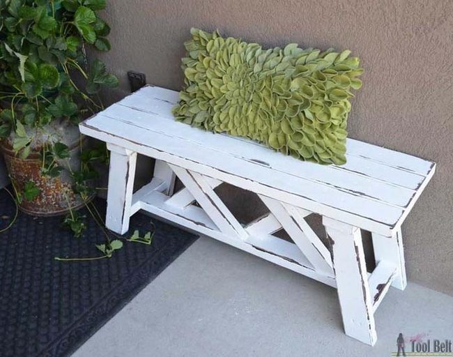 Distressed White Garden Bench