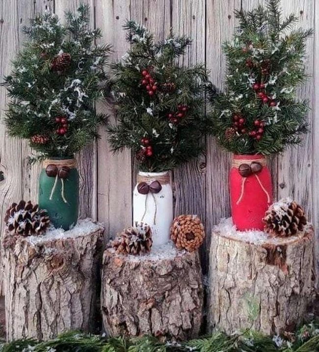 Mason Jars, Pine Branches, Fabric Wrapped