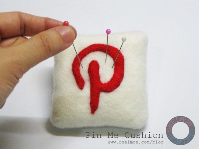 White Fabric Pincushion Red Felt Details