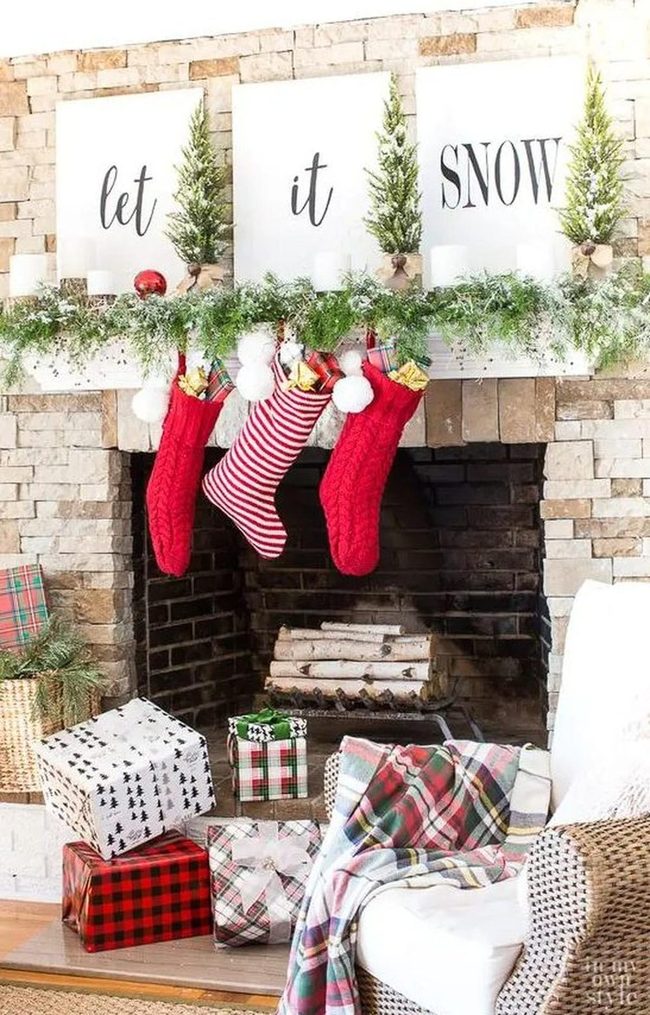 Stone Fireplace Red Stockings Green Garland