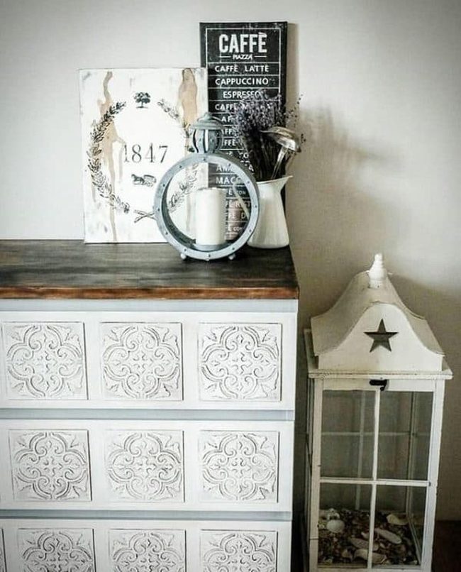 Distressed White Dresser With Moroccan Panels