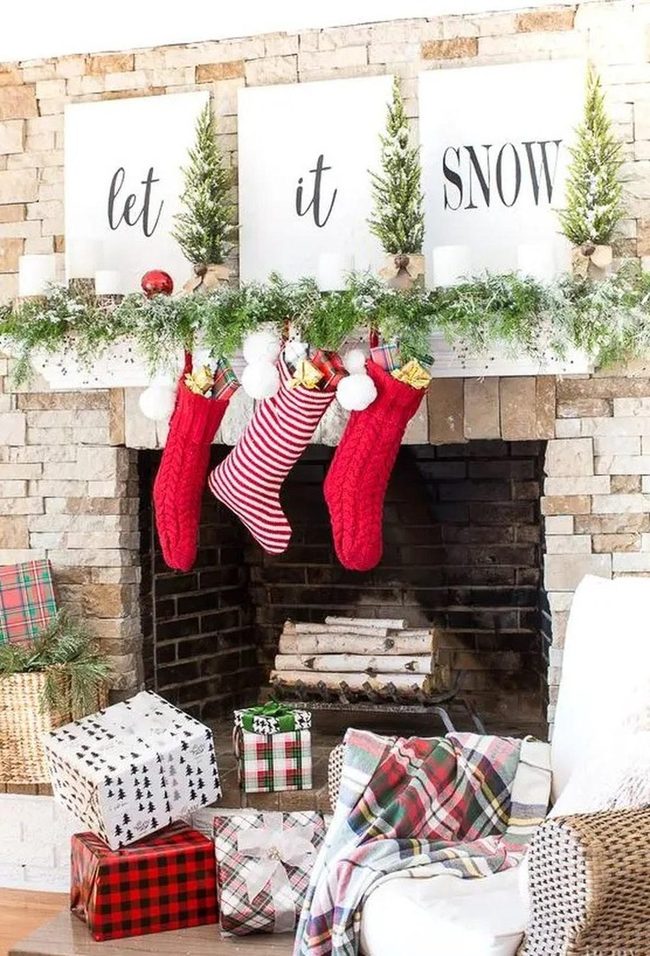 Red Stockings Stone Fireplace Christmas