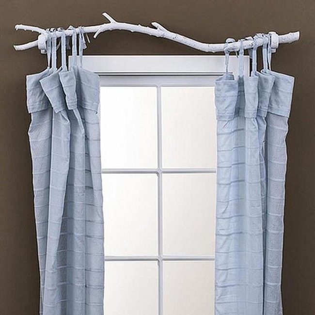 White Branch Curtain Rod, Pale Blue Cascading Fabric