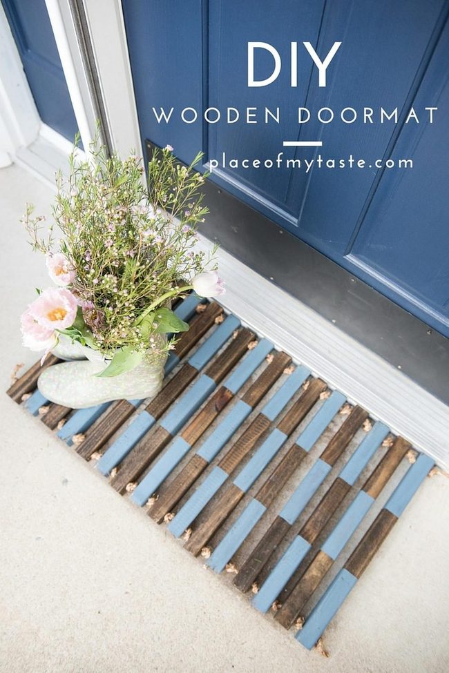 Blue Wood Doormat Pink Flowers