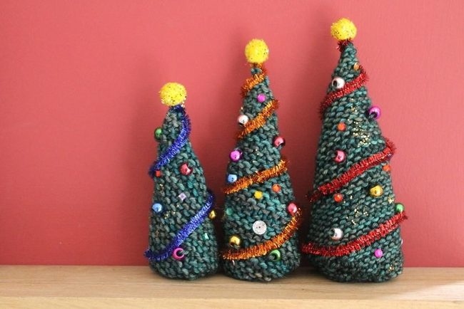 Green Knit Trees With Golden Pom-Poms