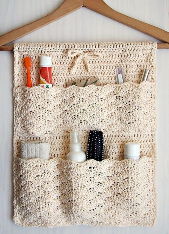 Cream Crochet Wall Organizer Six Pockets