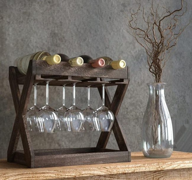 Wooden Wine Rack With Glass Hooks
