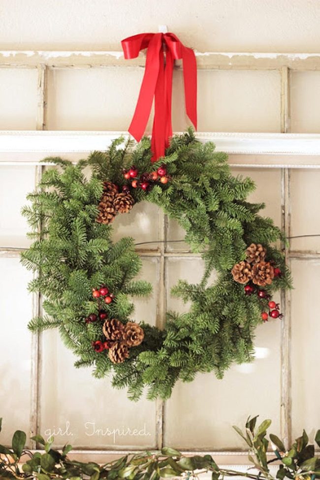 Green Pine Wreath Red Berries White Frame