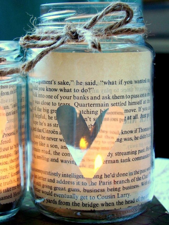 Vintage Book Pages Heart Cutout Jars