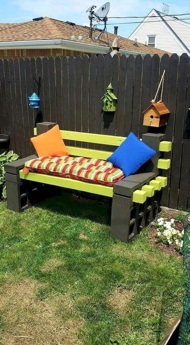 Green Cinder Block Garden Bench