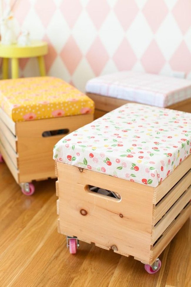 Wooden Storage Boxes Pink Wheels