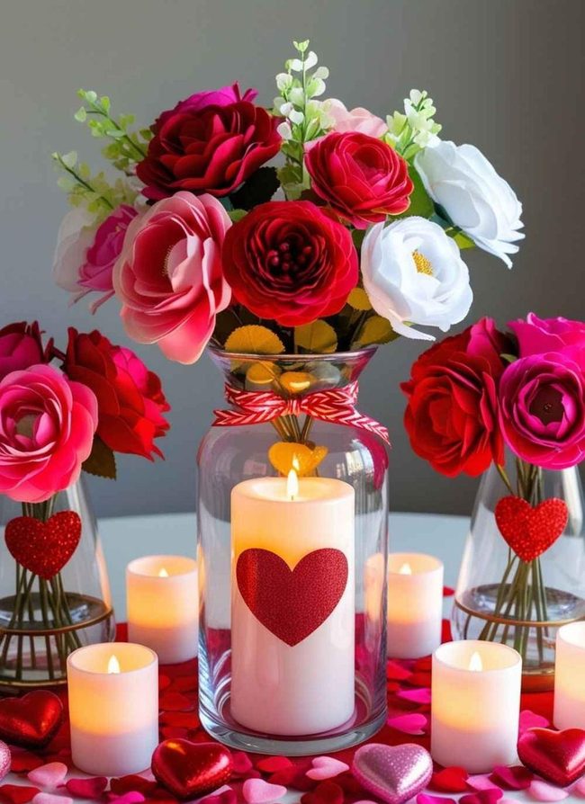 Red Faux Flowers In Glass Vase