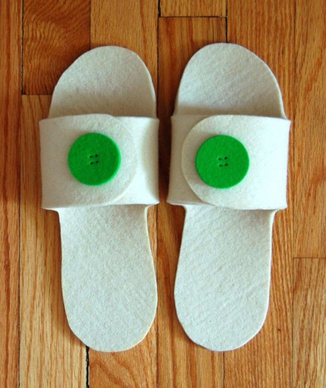 Cream Felt Slippers Green Buttons