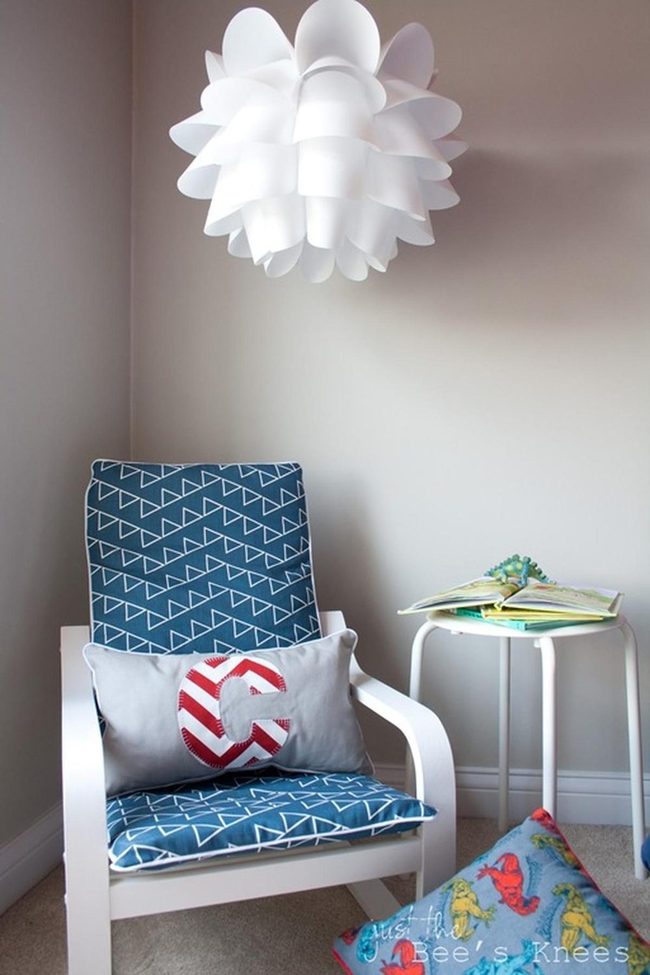 White Pendant Lamps Blue Triangle Cushions