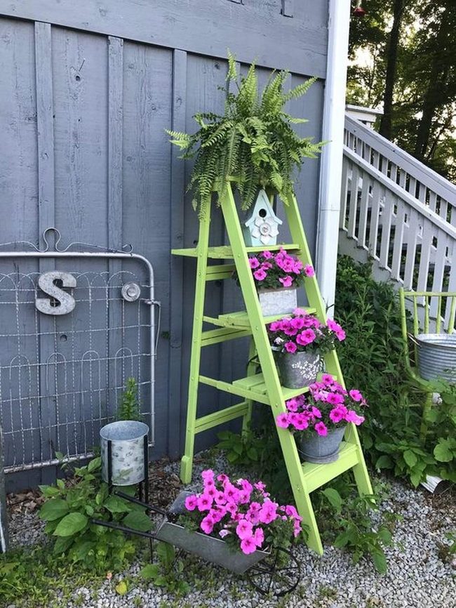 Green Ladder Pink Flower Tower