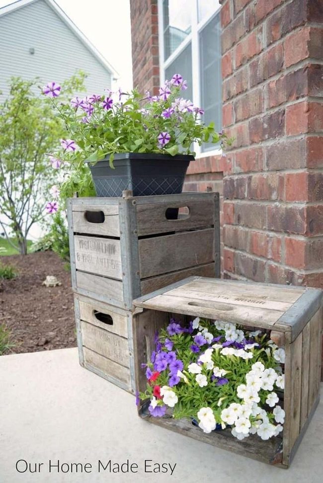 Wooden Crates With Purple Flowers