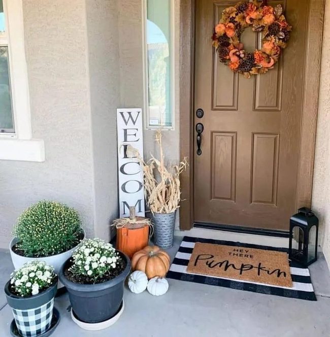 Orange Leaves Pinecones Wooden Door