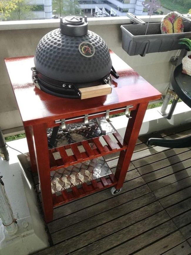 Black Grill Cart With Wooden Shelves