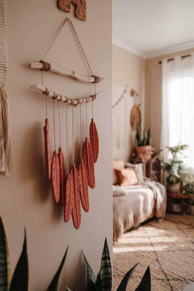Clay Feather Wall Art In Earth Tones