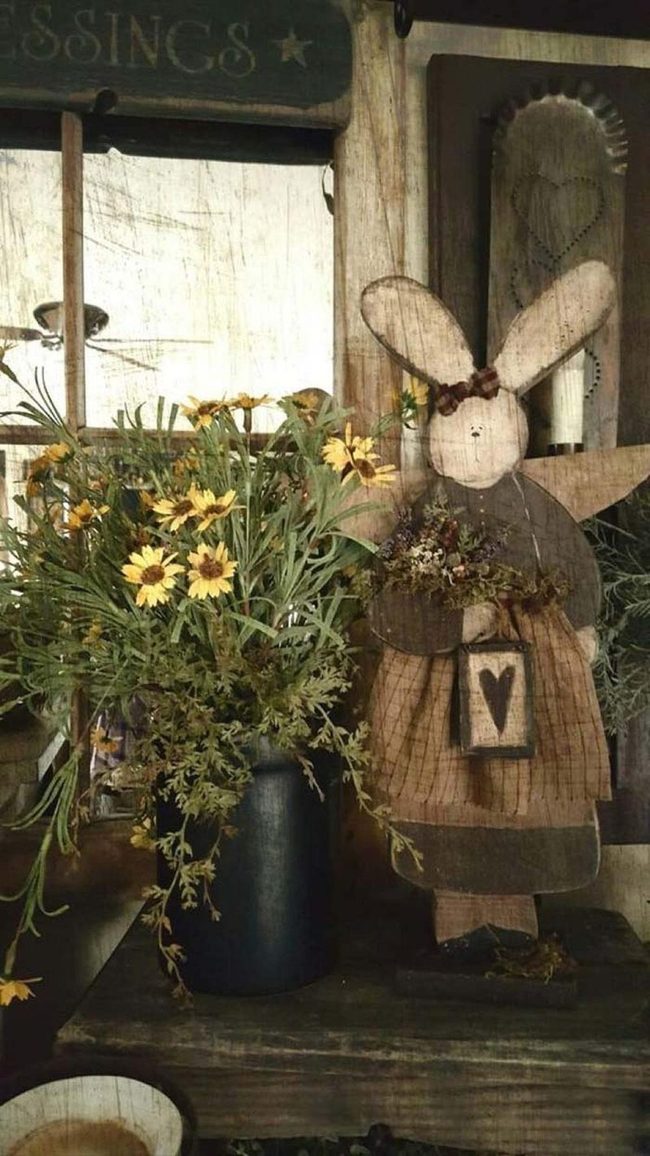 Wooden Bunnies With Sunflower Jugs