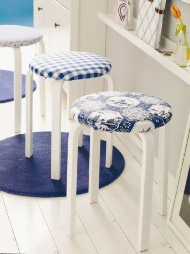 Patterned Blue Stools White Legs