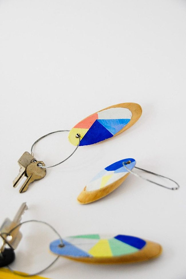 Geometric Wood Keychains Colorful Patterns