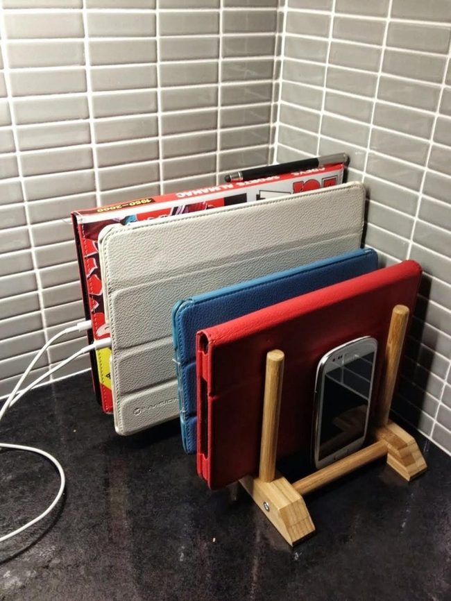 Gray Brick Kitchen With Colorful Device Stands