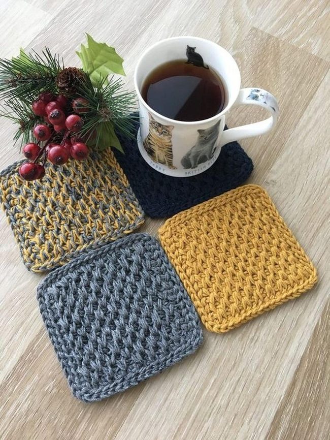 Knitted Coasters, Steaming Tea, Pine