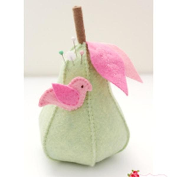 Green Felt Pear With Pink Bird