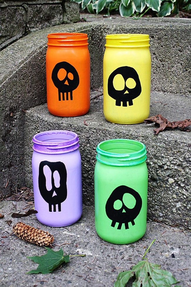 Colorful Ceramic Skulls On Stone