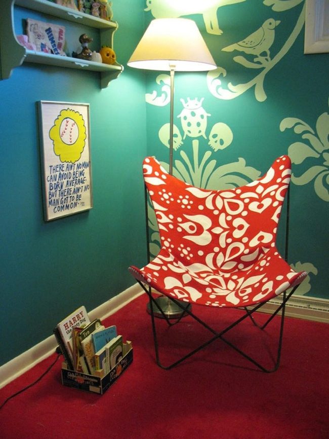 Teal Walls White Birds Red Chair
