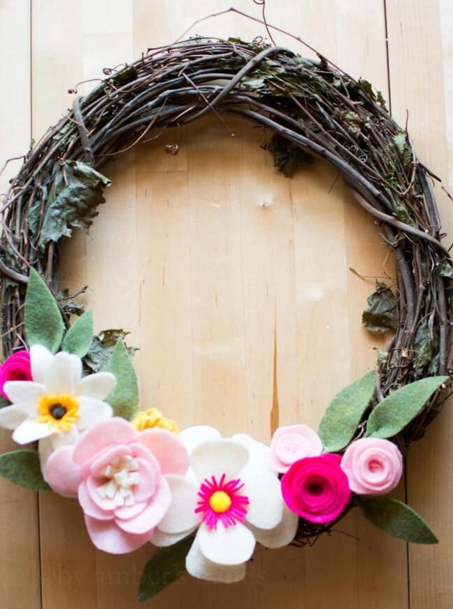Felt Flowers On Grapevine Base