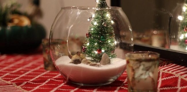 Miniature Tree In Glass Bowl With Checkered Base