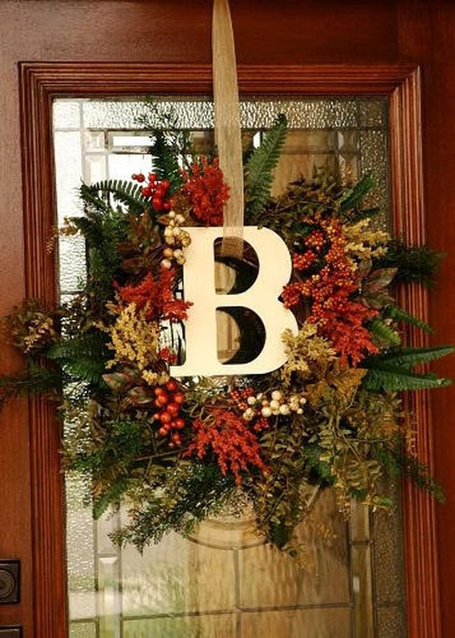 Crimson Foliage Wreath With Monogram