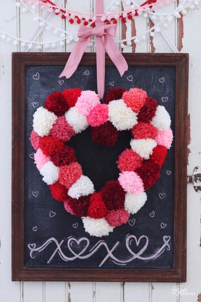 Colorful Pom Pom Heart Wreath