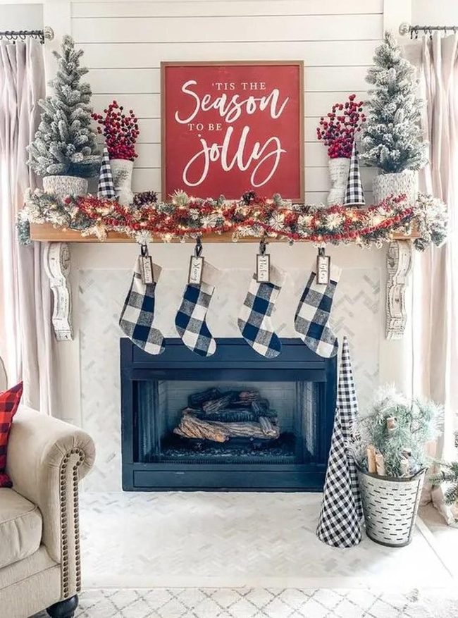 Red Berries, Checkered Stockings, Dark Fireplace