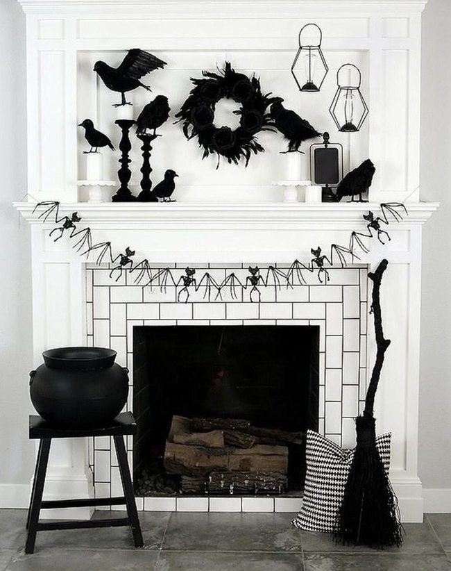 Black Birds White Mantel Halloween