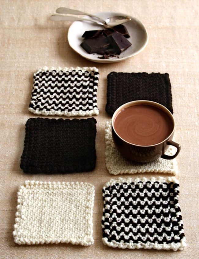 Black Knit Coasters With Steaming Chocolate