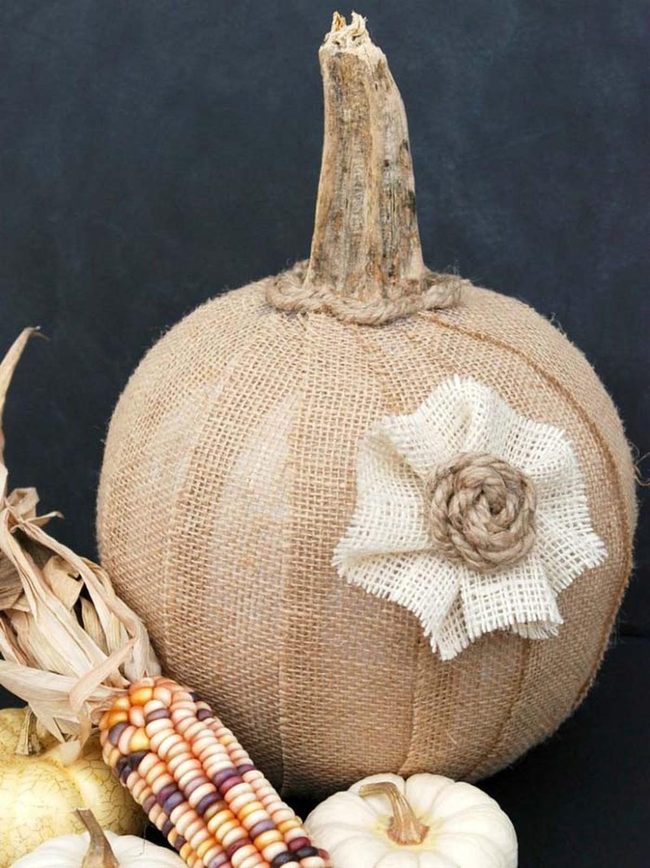 Burlap Wrapped White Pumpkins
