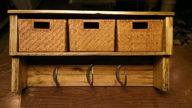 Natural Wood Bench With Woven Baskets