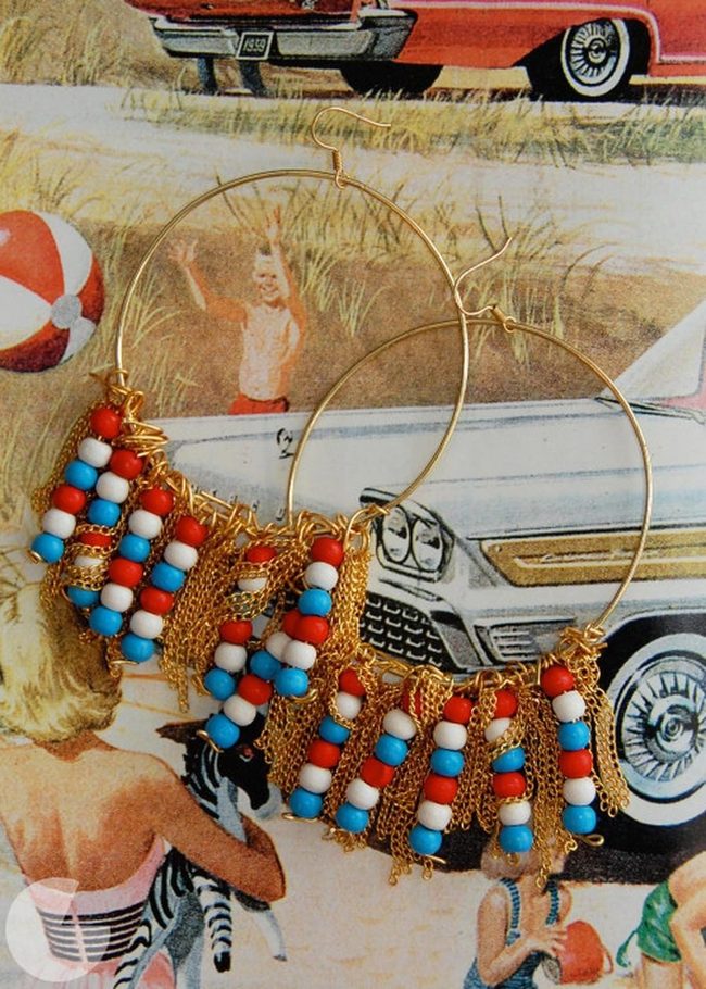 Gold Hoops With Patriotic Beads