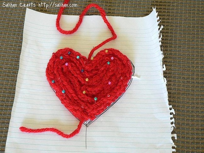 Red Yarn Hearts With Colorful Pins