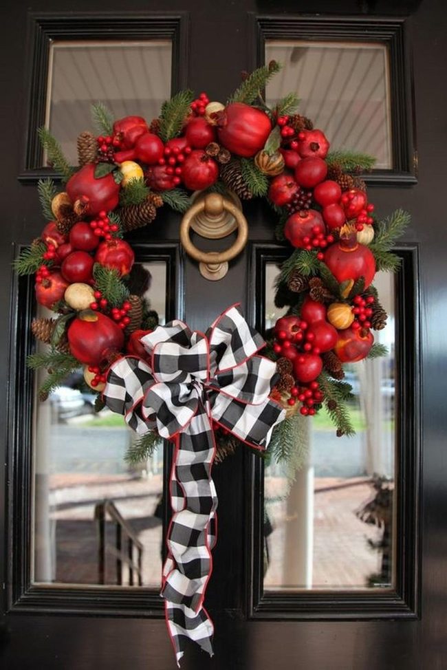 Red Berry Wreath With Checkered Bow