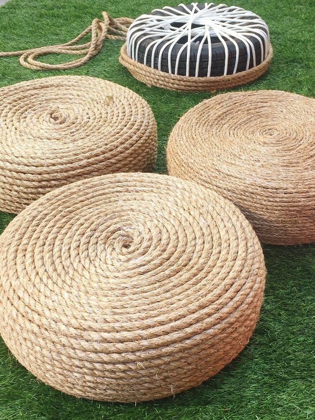 Rope-Wrapped Tire Ottomans