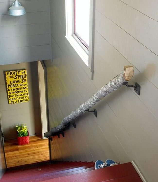 Natural Wood Staircase With Bark Texture